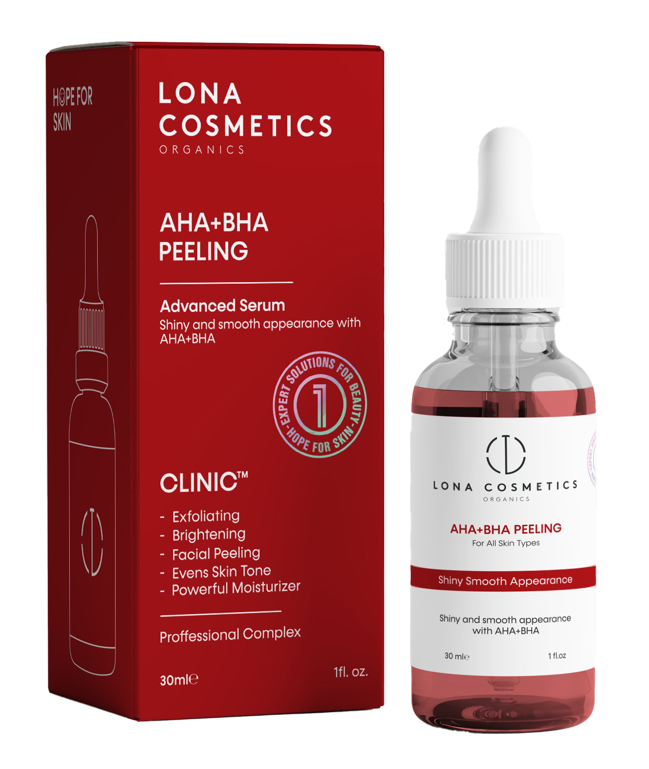 زجاجة سيروم وعلبة LONA COSMETICS AHA+BHA PEELING بحجم 30 مل