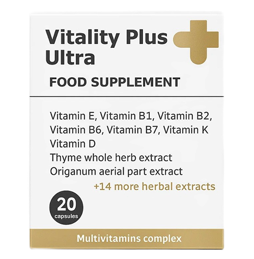 Cutie Vitality Plus Ultra cu mențiunea supliment alimentar și 20 de capsule